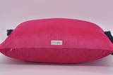"Bon Bon" - Pink Velvet Jumbo Lumbar Cushion with Navy Ruche Fringe Trim