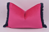 "Bon Bon" - Pink Velvet Jumbo Lumbar Cushion with Navy Ruche Fringe Trim
